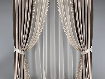 Elegant Beige Curtains With Sheer Lining And Lace Trim Tiebacks For Home Window 3d model