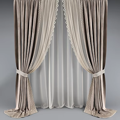 Elegant Beige Curtains With Sheer Lining And Lace Trim Tiebacks For Home Window 3d model