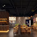 Modern Restaurant Interior With Red Grid Wall Stone Bar Wooden Tables And Pendant Lights