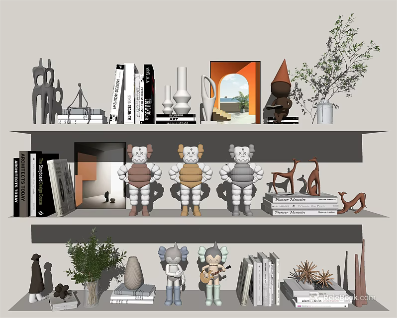 Modern Decorative Ornament Combinations On Multi Tiered Shelf With Figurines Plants And Books 3d model 