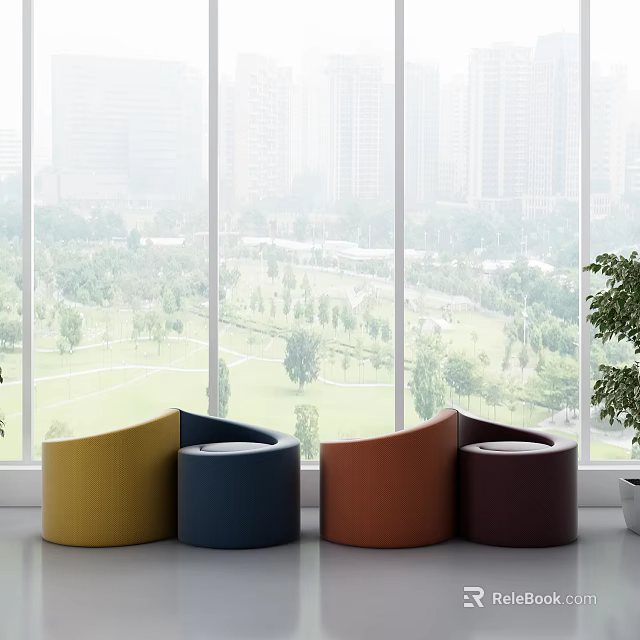 Modern Colorful Single Sofas by Large Windows with Park Landscape View 3d model