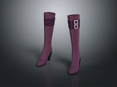 Purple Knee High Boots with Straps and Square Buckles Mid Heel Design 3d model