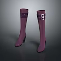 Purple Knee High Boots with Straps and Square Buckles Mid Heel Design