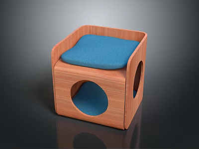 Stylish Wooden Cube Pet Furniture With Soft Blue Cushion And Circular Side Holes 3d model