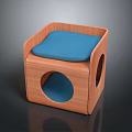 Stylish Wooden Cube Pet Furniture With Soft Blue Cushion And Circular Side Holes