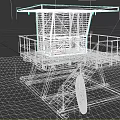 Beach Lifeguard Tower With Stairs Railing And Orange Surfboard On Sand