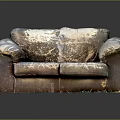 Worn Stained Brown Leather Two Seater Sofa With Grass Growing Underneath Dark Background