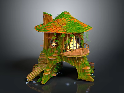 Enchanting Treehouse Architecture With Green Roof Orange Tiles Balcony Vines And Lit Windows 3d model
