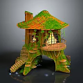 Enchanting Treehouse Architecture With Green Roof Orange Tiles Balcony Vines And Lit Windows