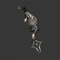 Gray Short Haired Female Warrior Wearing Gray White Armor With Yellow Star Decorations Holding Spear