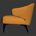 Orange Upholstered Chair With Curved Backrest Armrests And Dark Blue Legs