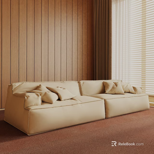 Beige Three-Seater Sofa with Throw Pillows on Carpeted Floor Against Wooden Wall and Window Blinds 3d model 