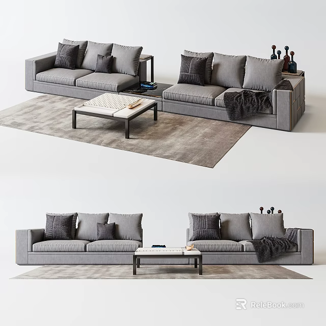 Gray Sectional Sofa With Throw Pillows Blanket Coffee Table And Area Rug 3d model