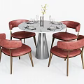 Four Red Leather Dining Chairs With Brass Legs Around Round Marble Table 3d model