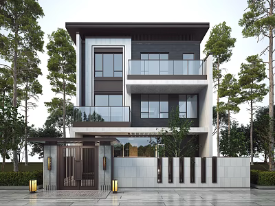 Modern Two Story Detached Villa With Large Windows Balconies Surrounded By Trees And Entrance Gate 3d model