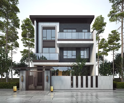 Modern Two Story Detached Villa With Large Windows Balconies Surrounded By Trees And Entrance Gate 3d model
