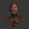 3D Character Bust With Headphones Mustache Metallic Armor Shoulders And Red Accents