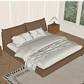 Elegant Brown Double Bed with Headboard and White Bedding in Bedroom with Window Greenery