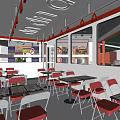 Modern Restaurant Interior With Red Chairs White Tables And Ceiling Lights