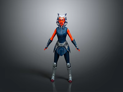 3D Model Of Female Fantasy Creature Character With Horned Head And Red Blue Armored Outfit 3d model