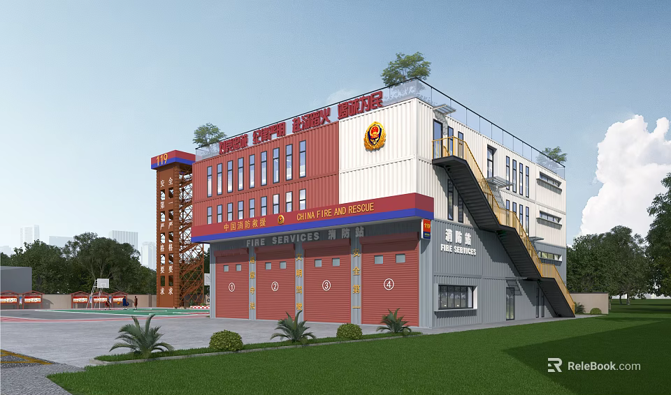 Industrial Factory Building Featuring Multi Storey Structure Red Doors Staircase Roof Logo And Greenery 3d model 
