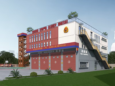 Industrial Factory Building Featuring Multi Storey Structure Red Doors Staircase Roof Logo And Greenery 3d model