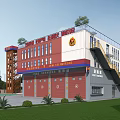 Industrial Factory Building Featuring Multi Storey Structure Red Doors Staircase Roof Logo And Greenery