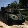 Military Camouflage Main Battle Tank On Grassland With Trees And Power Tower