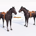 Two Brown Horses With Leather Saddles Standing On White Background