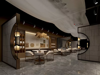 Traditional Chinese Style Cultural Art Exhibition Hall With Moon Gate Seating Area And Decorative Wall 3d model