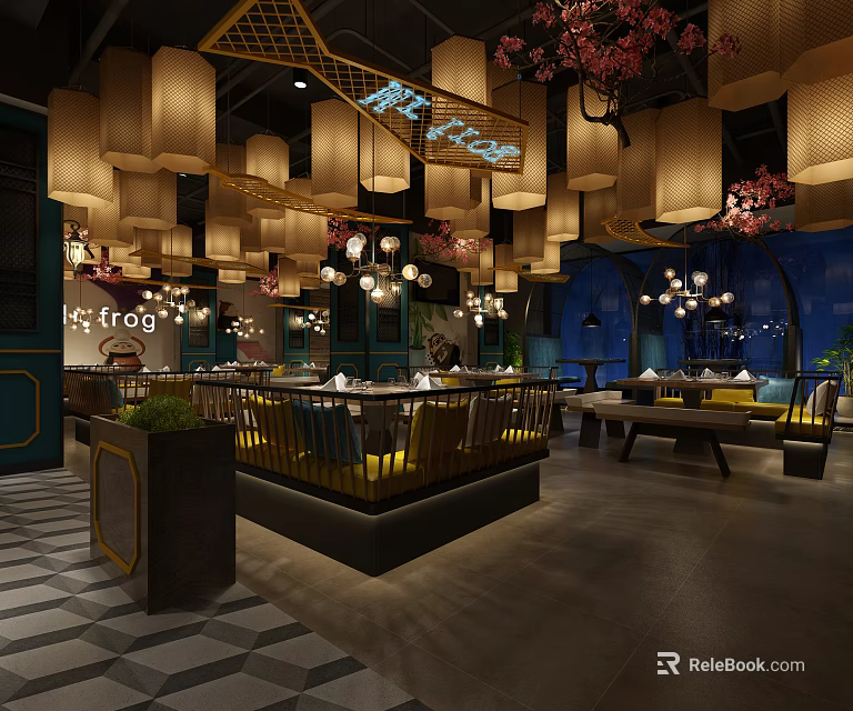 Modern Restaurant Interior With Hanging Lanterns Cherry Blossom Decor Open Seating And Blue Yellow Accents 3d model 