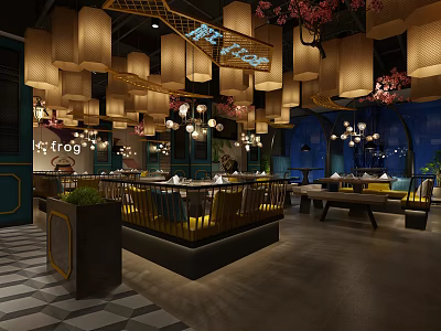 Modern Restaurant Interior With Hanging Lanterns Cherry Blossom Decor Open Seating And Blue Yellow Accents 3d model
