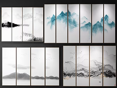 Chinese Ink Wash Landscape Paintings With Mountain Cloud And Bird Wall Art 3d model