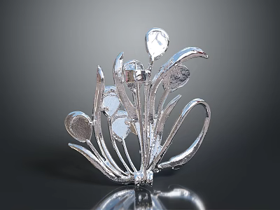 Elegant Silver Brooch With Floral Design Leaves Shiny Metal And Transparent Gemstones 3d model