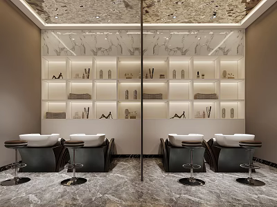 Modern Beauty Hair Salon Interior with Styling Chairs Display Shelves with Products and Marble Floor 3d model