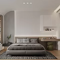 Modern Bedroom Interior Design with Neutral Wall Gray Bedding White Cabinets and Patterned Rug 3d model