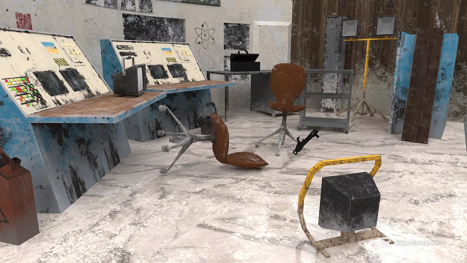 Worn Industrial Commercial Equipment Workspace With Control Panels Tools And Chair 3d model 
