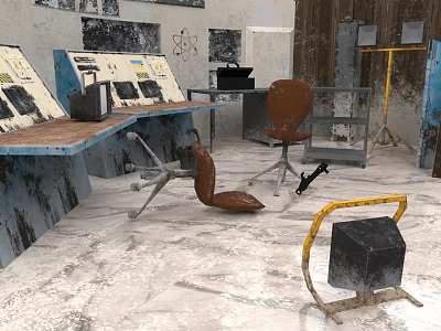 Worn Industrial Commercial Equipment Workspace With Control Panels Tools And Chair 3d model