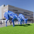 Vibrant Commercial Street Featuring Giant Blue Bear Sculpture and Pedestrians Near Modern Buildings