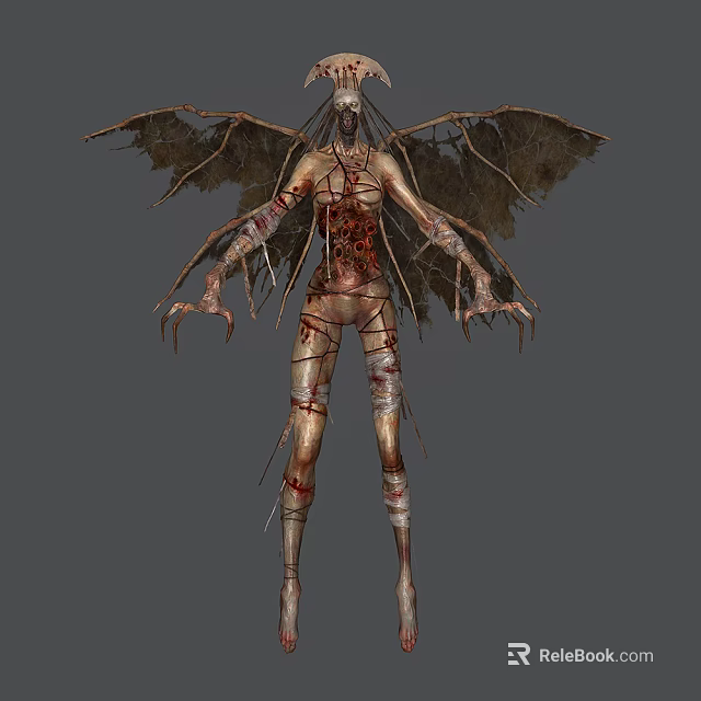 Horror Fantasy Game Movie Character With Tattered Wings Bandages And Long Claws 3d model 