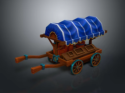 Vintage Wooden Wagon With Blue Striped Canvas Cover And Decorative Wooden Wheels 3d model