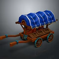 Vintage Wooden Wagon With Blue Striped Canvas Cover And Decorative Wooden Wheels