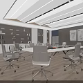 Modern Meeting Room Interior With Ergonomic Chairs Large Table Display Screen And Bookshelves