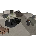 Modern Sofa and Coffee Table Set With Colored Sofas Round Black Tables and Decorative Plants 3d model