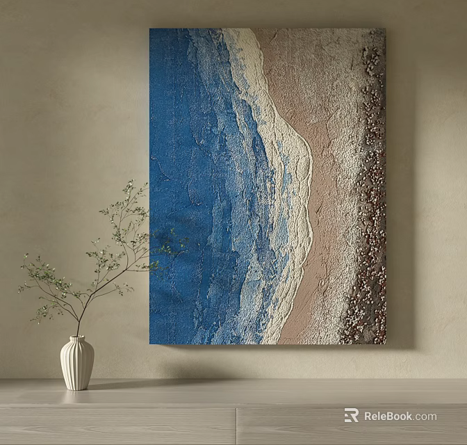 Textured Wall Painting With Blue Beige Wave Sand Design And White Vase Green Plant 3d model 