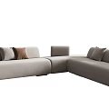 Modern Light Gray L shaped Sectional Sofa with Decorative Cushions Throw Blanket and Side Table Lamp 3d model