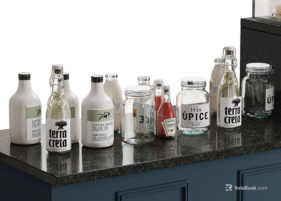 Assorted Beverage Bottles Including Tonic Water Juice And Soda On Black Countertop 3d model 