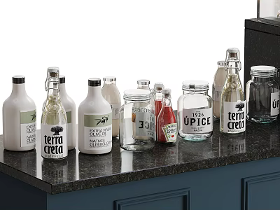 Assorted Beverage Bottles Including Tonic Water Juice And Soda On Black Countertop 3d model