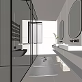 Modern Bathroom Interior With Glass Shower White Walls Round Mirror Double Sinks And Potted Plant