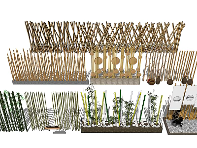Bamboo And Wooden Room Dividers With Various Designs And Plant Decor 3d model